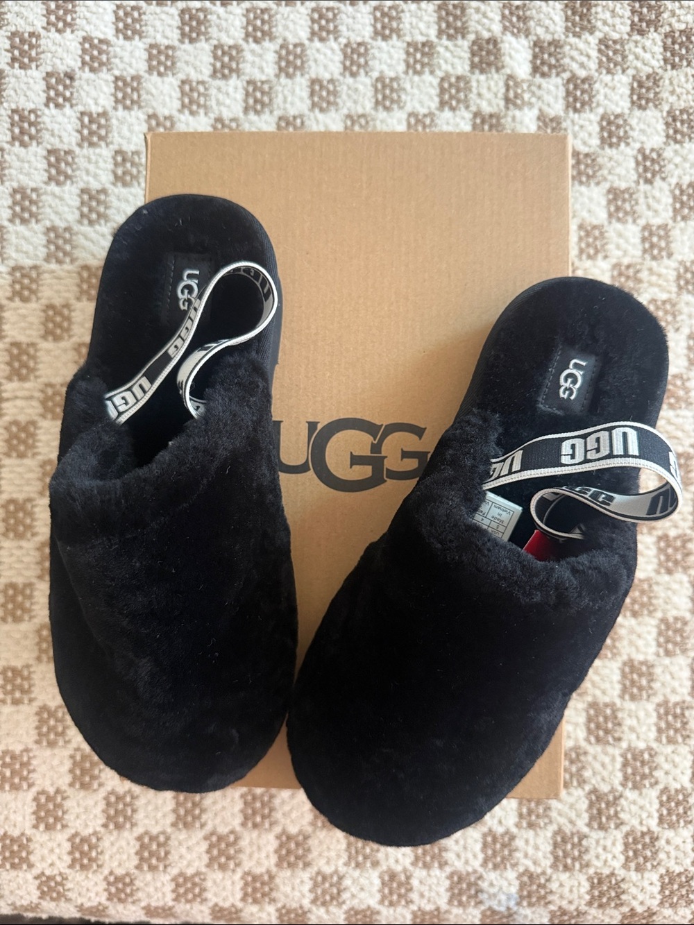 UGG Black Plush Slip-On Clogs with Branded Elastic Heel Strap